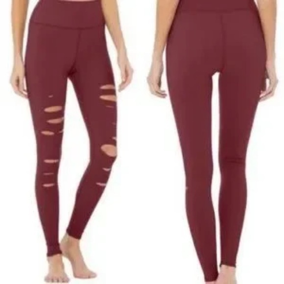 ALO Yoga Pants - ALO Yoga High-Waist Ripped Warrior Leggings Burgundy Size XS